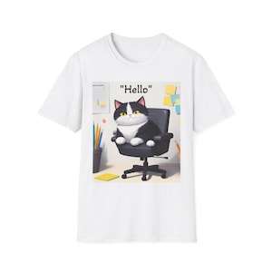 Funny Office Cat T-Shirt Cute Black And White Cat Sitting On Chair Design Gift For Cat Lovers Animal Humor Graphic Tee Unisex Shirt