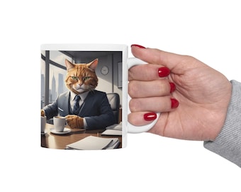 おもしろいビジネス猫マグカップ：猫好きの方への陶器コーヒーカップギフト