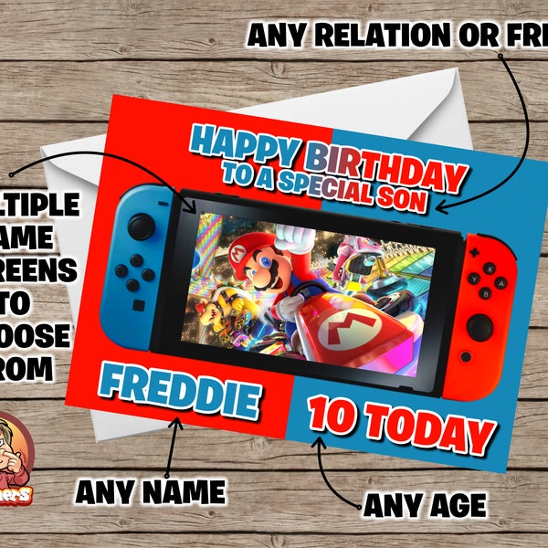 Personalised Nintendo Switch Themed Birthday Card for Son / Daughter / Brother / Sister / Friend / Any Relative. Choose Game Screen on Card