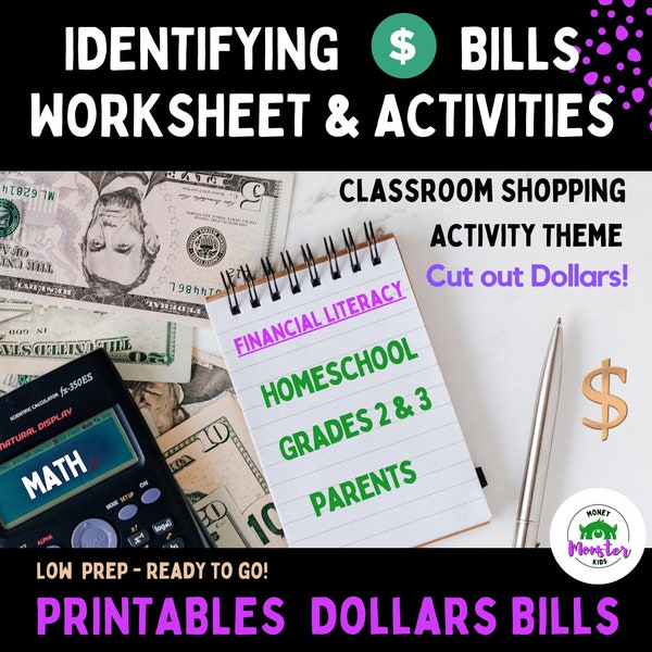 Identifying dollar bills, money, money worksheets, money activities, comparison shopping, money facts, foldable money books, money bookmarks