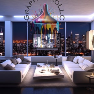 May include: A contemporary living room with a night-time cityscape view. Two white sofas face a marble coffee table. A colourful paint splash design is above the TV, with the text "GRAPHICPROLL" in an arc.