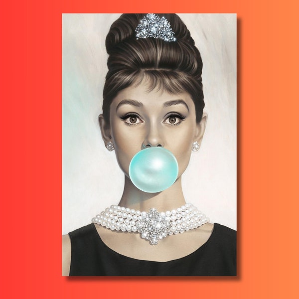 Audrey Hepburn Lady Bubble Gum Poster, Blowing Bubble Gum Art, Bubble Gum Canvas, Audrey Hepburn Poster Print, Leinwand Wandkunst