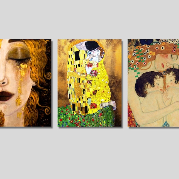 Conjunto de 3 lienzos de Gustav Klimt, arte de lágrimas doradas, impresiones de madre y gemelos, arte de pared de Gustav Klimt, impresiones Nouveau, exposición de Klimt