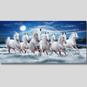 7 Running White Horses Canvas Wall Art, 7 Running Horses Wall Art, Poster, Print Home Decor Colourful Print Canvas Print Decor Home image 1