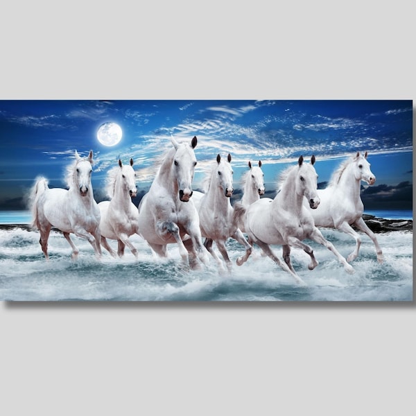 7 Running White Horses Canvas Wall Art, 7 Running Horses Wall Art, Poster, Print - Home Decor- Colorful Print Canvas Print Decor Home