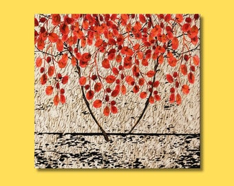 Red-Leaved Tree Wall Art, Autumn Whispers: Abstract Canvas of Red-Leaved Tree Branches - Infuse Your Space with Nature's Beauty