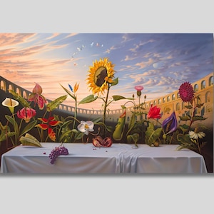 花の最後の晩餐プリント、ウラジミール クッシュの花のプリント ウォール アート、シュルレアリスム絵画アート、すぐに掛けられる、ウラジミール クッシュのシュルレアリスム プリント アート