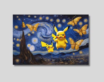 Pikachu Van Gogh Canvas Wall Art, Pikachu Van Gogh Poster, Pikachu Van Gogh Print, Reproduction Art, Emotional artwork, Pikachu Fan Gift