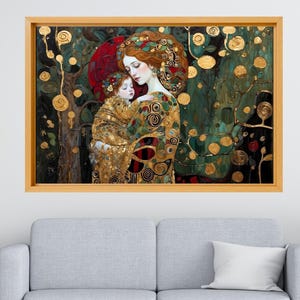 Lienzo decorativo de estilo Gustav Klimt con diseño de madre e hija, póster con impresión de madre e hija, regalo para mamá, lienzo enmarcado para madre e hija.