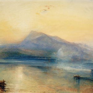 May include: A watercolor painting of a mountain landscape with a lake. The sky is a warm yellow, transitioning to blue over the mountain. Boats and a pier are visible on the water, with soft, blended brushstrokes creating a hazy atmosphere.