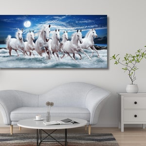 7 Running White Horses Canvas Wall Art, 7 Running Horses Wall Art, Poster, Print Home Decor Colourful Print Canvas Print Decor Home image 3