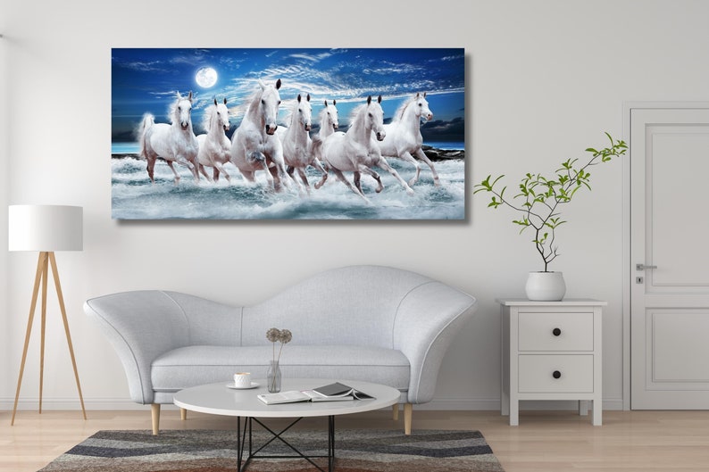 7 Running White Horses Canvas Wall Art, 7 Running Horses Wall Art, Poster, Print Home Decor Colourful Print Canvas Print Decor Home image 3