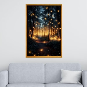 Firefly and Forest Canvas Wall Art, Firefly Framed Gallery Canvas, Firefly and Night Forest Print Poster, AI Paintings, Firefly Landscape