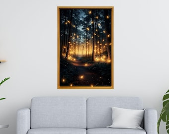 Firefly and Forest Canvas Wall Art, Firefly Framed Gallery Canvas, Firefly and Night Forest Print Poster, AI Paintings, Firefly Landscape