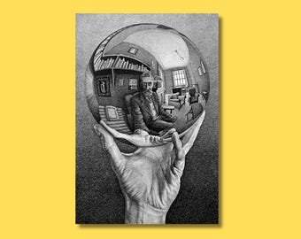 Hand with Reflecting Sphere by Maurits Cornelis Escher Canvas Wall Art, Escher Canvas Print Art, Escher Poster Print, Reproduction Print Art