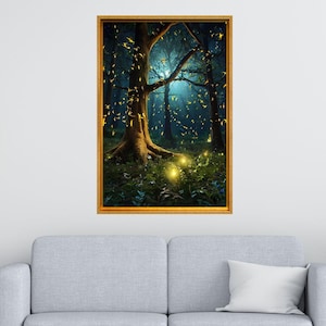 Firefly and Forest Canvas Wall Art, Firefly Framed Gallery Canvas, Firefly and Night Forest Print Poster, AI Paintings, Firefly Landscape