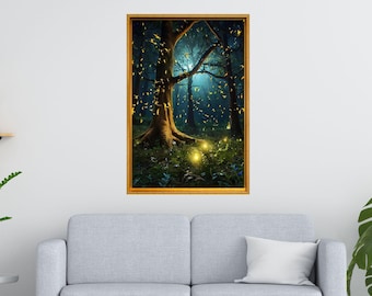 Firefly and Forest Canvas Wall Art, Firefly Framed Gallery Canvas, Firefly and Night Forest Print Poster, AI Paintings, Firefly Landscape