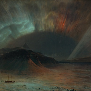 May include: An oil painting showing a dramatic landscape under a vibrant aurora borealis. The sky is filled with swirling green, orange, and red lights. A small boat sits on the horizon, with dark mountains in the foreground.