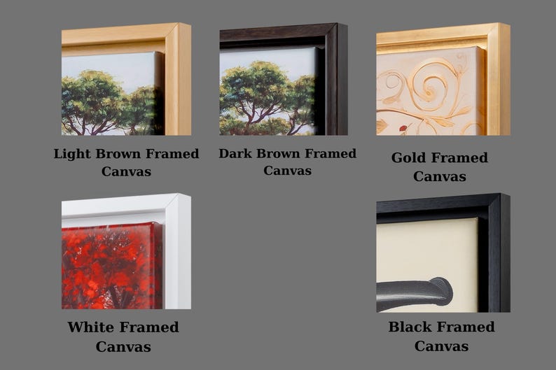 four different types of framed art displayed on a wall