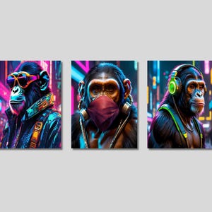 May include: Three digital art prints featuring colorful, stylized images of chimpanzees. The chimpanzees are wearing sunglasses, a face mask, and headphones. The background is a vibrant neon color.