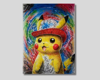 Pikachu Colorful Canvas Wall Art, Pikachu Van Gogh Poster, Pikachu Van Gogh Print, Reproduction Art, Emotional artwork,Gift for Pikachu Fans