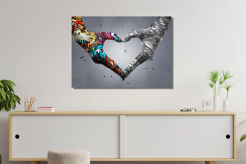 Banksy Couple Heart Hands Graffiti Canvas Wall Art,banksy Love Graffiti