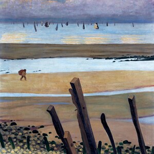 May include: An oil painting of a coastal scene with a sandy beach, calm water, and a cloudy sky. Several sailboats dot the horizon. A person walks along the beach carrying a sack. Wooden posts are in the foreground.