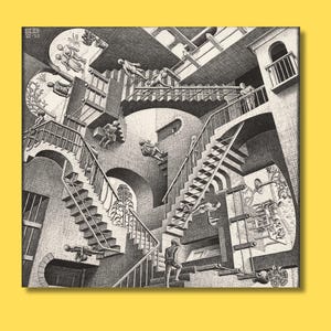 May include: Black and white print of an Escher-style architectural drawing. The artwork depicts an impossible structure with interconnected staircases, arches, and figures. The print has a surreal, optical illusion effect.