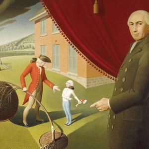 Puede incluir: Una pintura muestra a un hombre con un abrigo verde señalando una escena con figuras con vestimenta de época. Un hombre con un abrigo rojo sostiene un árbol, y un niño sostiene un hacha. Una casa y un paisaje están en el fondo.