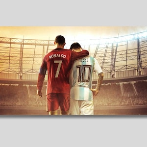 Lionel Messi and Cristiano Ronaldo Hugging Canvas Wall Art Design, Poster Print For Home & Office Decoration, Poster Or Canvas Ready To Hang
