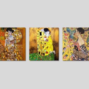 Juego de 3 lienzos de Gustav Klimt con dama y abanico, póster de Klimt con Adele Bloch Bauer, impresión de arte de pared envuelta en galería, regalo de la exposición del Museo Klimt