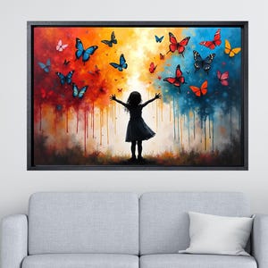 Banksy Canvas Wall Art, Graffiti Wall Art, Kolorowy Motyl i Dziewczyna Plakat Na Płótnie, Banksy Oprawione Płótno Galeryjne, Prezent Dla Córki