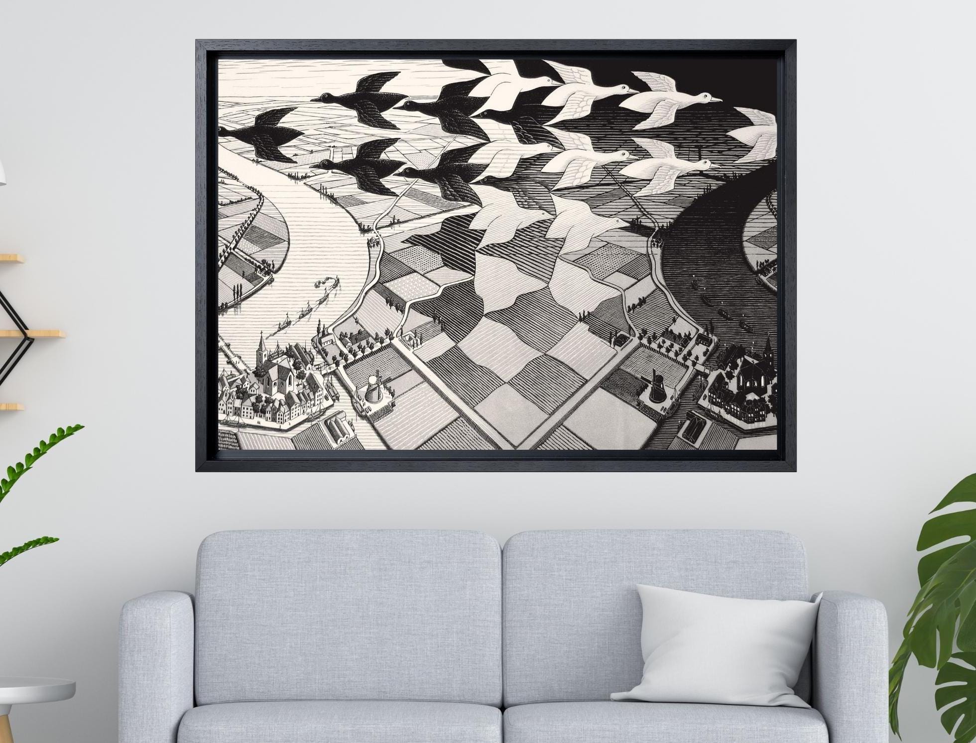 Day and Night by Maurits Cornelis Escher Canvas Wall Art, Escher Canvas Print Art, Escher Canvas Poster, Escher Framed Canvas Wall Art