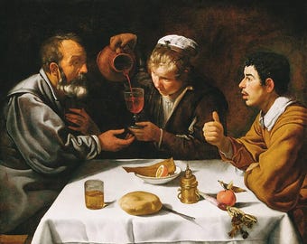 Peut inclure: Une peinture classique représente trois personnages autour d'une table. L'un verse un liquide rouge dans un verre tenu par un autre. Un pain, une assiette avec de la nourriture et un verre de liquide sont sur la nappe blanche. Le troisième fait un geste de pouce levé.