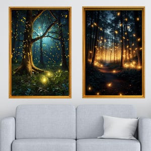Set Of 2 Firefly and Forest Canvas Wall Art, Firefly Framed Gallery Canvas, Firefly and Night Forest Print Poster, AI Paintings, Landscape