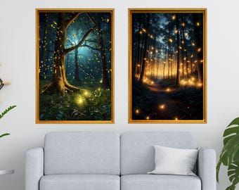 Conjunto de 2 lienzos de luciérnagas y bosque, lienzo de galería enmarcado de luciérnagas, póster impreso de luciérnagas y bosque nocturno, pinturas de IA, paisaje