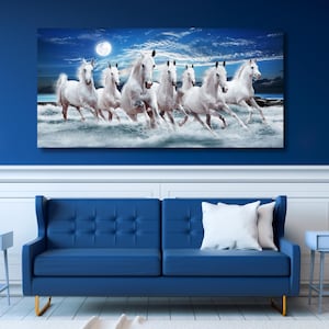 7 Running White Horses Canvas Wall Art, 7 Running Horses Wall Art, Poster, Print Home Decor Colourful Print Canvas Print Decor Home image 2