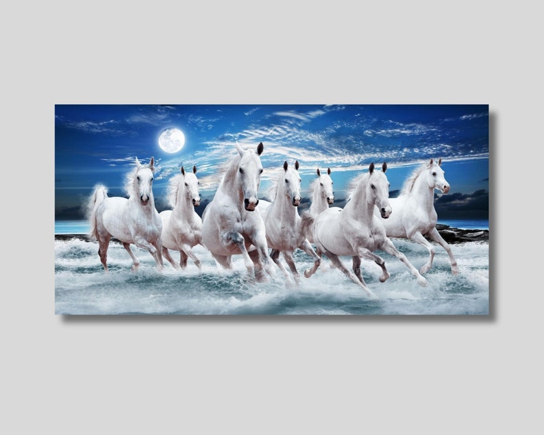 7 Running White Horses Canvas Wall Art, 7 Running Horses Wall Art, Poster, Print Home Decor Colourful Print Canvas Print Decor Home image 1