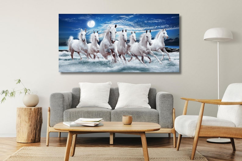 7 Running White Horses Canvas Wall Art, 7 Running Horses Wall Art, Poster, Print Home Decor Colourful Print Canvas Print Decor Home image 4