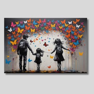 Banksy Canvas Wall Art, Colorful Butterfly Girl Graffiti Print, Sblings Paintings, Banksy Paintings, Graffiti Wall Art, Banksy Canvas Poster