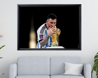Football Legend Lionel Messi Poster,Messi Kisses The World Cup,The World's Best Footballer Lionel Messi Poster, Messi Framed Canvas Wall Art