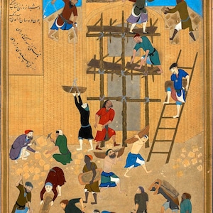 May include: An antique Persian miniature painting depicting a construction scene. Men in colorful clothing are shown working on a building, using ladders, carrying materials, and working with tools. The artwork has a blue sky background and a decorative border.