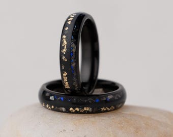 Tungsten Meteorite Wedding Band: Nebula & Crushed Gold-Plated Leaf Ring (5mm)