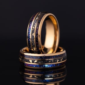 Bague en carbure de tungstène de 8 mm : galaxie, météorite et incrustation de feuilles d&#39;or