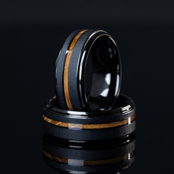 Black Tungsten Whiskey Barrel Wood Inlay Ring - 8mm Mens Wedding Band