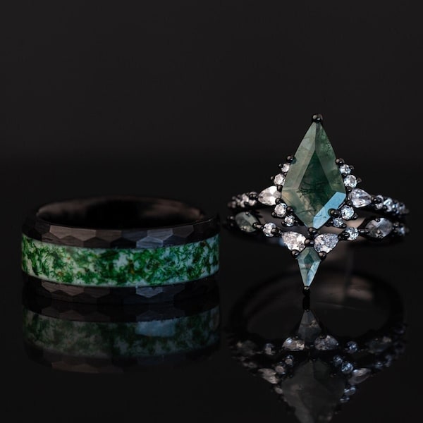 Moss Agate Ring Set: Tungsten Band, Sterling Silver CZ Wedding Bands