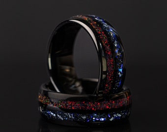 Nebula Meteorite Black Tungsten Ring: Crushed Red Fire Opal, 8mm Band