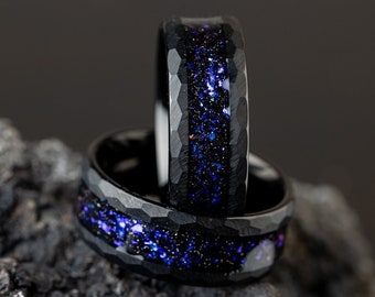 Custom Space Galaxy Ring, Engraved Meteorite Tungsten Ring, Hammered Custom Engraved Ring, Black Opal and Blue Sandstone Ring, 8mm