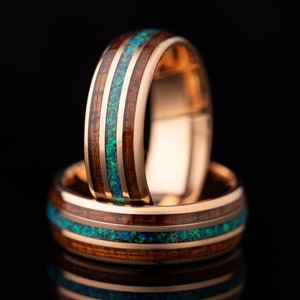 Opal Wood Ring, Rose Gold Tungsten Wood Band, Men's Wooden Ring, Koa Wood Blue Opal Tungsten Ring, Wood Wedding Band, Hawaiian Koa 8mm Ring