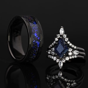 Blue Galaxy Sandstone Ring Set: Sterling Silver & Tungsten Wedding Bands